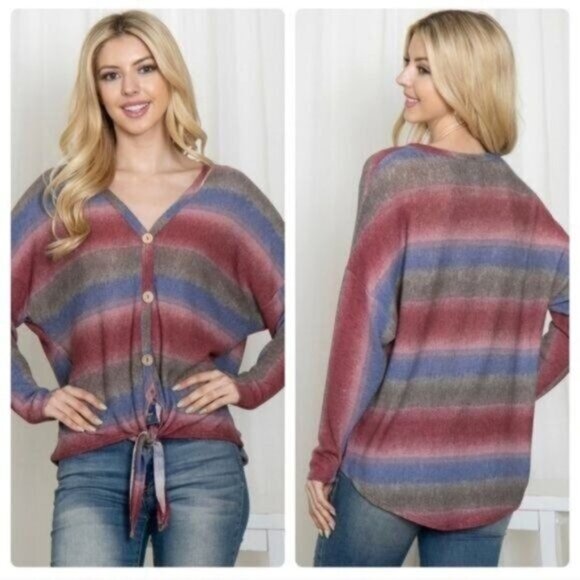 V-NECK COLOR BLOCK TOP/SWEATER-LIGHTWEIGHT-NEW - Picture 1 of 5